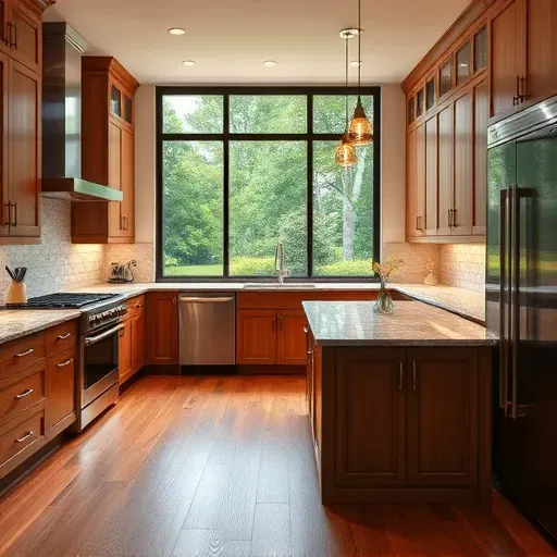 Renovated kitchen in Collier Township, PA with granite countertops, stainless steel appliances, and natural wood cabinetry.