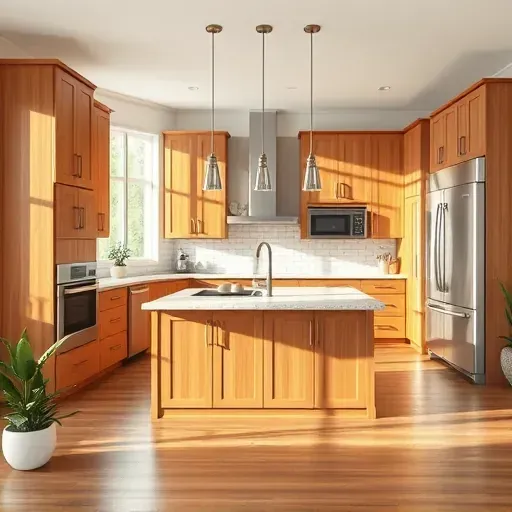 Modern kitchen with warm wood cabinets stainless steel appliances granite island hardwood floors and natural lighting in Mount Lebanon PA