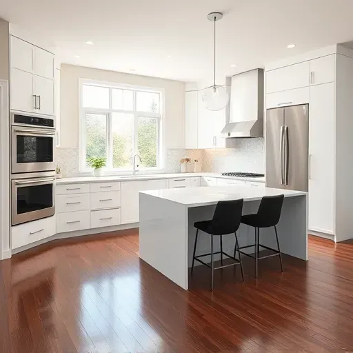 Modern renovated kitchen in Lawrence PA featuring sleek white cabinets stainless steel appliances marble island hardwood floors and ample natural light