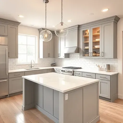 Modern kitchen remodel in Whitehall PA with sleek gray cabinetry, white countertops, and organized pantry showcasing elegance.