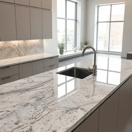 Modern kitchen with polished granite countertop, sleek cabinetry, stainless steel sink, faucet, backsplash, and natural light.