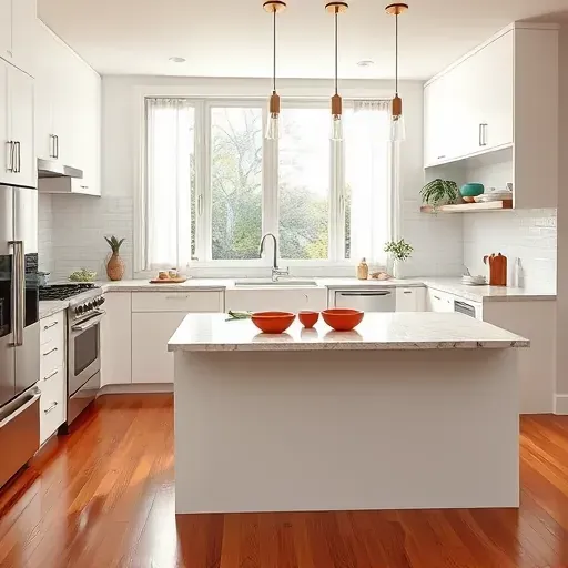 Modern remodeled Carnegie PA kitchen with white matte cabinets marble countertops stainless steel appliances and hardwood floors