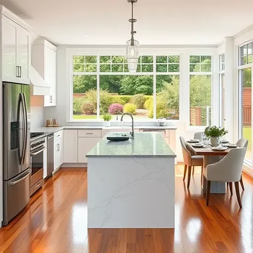Renovated kitchen in Baldwin PA with sleek white cabinetry, stainless steel appliances, and granite countertops.