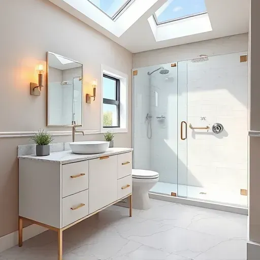 Renovated Canonsburg PA bathroom with modern fixtures, walk-in shower, marble vanity, brass hardware, and warm lighting