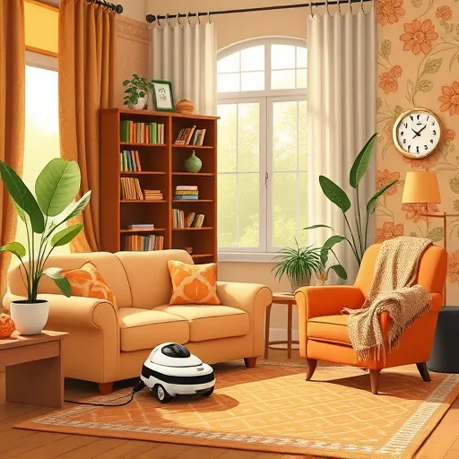 A warm, inviting illustration of a cozy family-friendly living room featuring smart home technology integration. Sunlit space with vintage-inspired furniture, including a plush sofa and an armchair draped with a cozy throw blanket. A robot vacuum navigates smoothly under the sofa, while a whimsical digital assistant device resembling a friendly creature sits on a side table. Colorful, stylized smart light switches with quirky face patterns are mounted on the wall. An ornate wooden shelf displays a mix of traditional books and modern gadgets, blending past and present design. Nearby, a cozy nook with a tea set and steaming cups is subtly connected to a sleek smart speaker, highlighting seamless automation. The background showcases large, patterned curtains in rich earthy tones, oversized potted plants with exaggerated leaves, and wallpaper with intricate floral motifs inspired by the Arts and Crafts Movement. The color palette includes muted terracotta, soft olive green, ochre yellow, and pumpkin orange, evoking warmth and comfort. Playful textures, hand-drawn lines, and decorative motifs add a handcrafted feel. Small details like a smiling clock, patterned cushions and rugs, and a cheerful, whimsical atmosphere emphasize modern home automation’s fun, approachable, and family-friendly appeal.