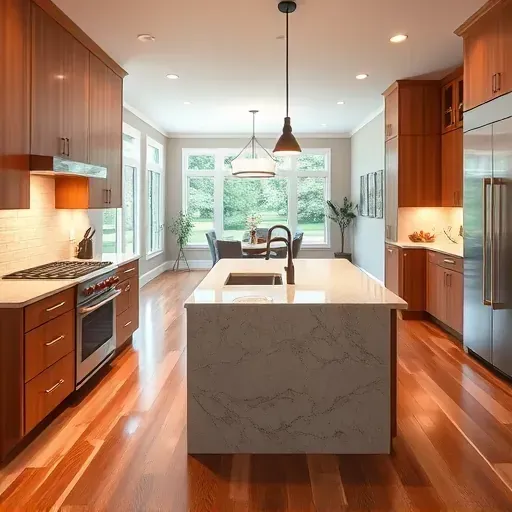 Completed modern kitchen in North Strabane PA with wood cabinets granite island stainless appliances and hardwood floors