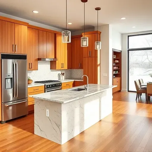 Beautiful remodeled kitchen with warm wood cabinets stainless steel appliances granite countertops pendant lighting polished hardwood floors large windows spacious open layout stylish decor