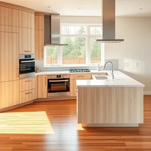 Recently remodeled East Washington PA kitchen with light wood cabinets, marble island, subway tile backsplash, high-end appliances, hardwood flooring, and outdoor view