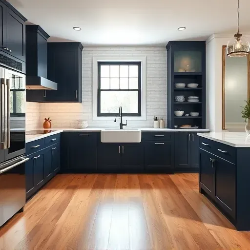 Stunning kitchen remodel in Muse, PA with navy cabinetry, marble countertops, farmhouse sink, and polished oak flooring.
