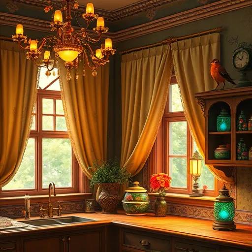 A richly detailed, vintage kitchen scene rendered in the vibrant, intricate style of the Pre-Raphaelite Brotherhood. The warm, golden-hued setting features a high, ornate ceiling with an elegant chandelier adorned with flowering vines and tiny glowing orbs. Beneath it, a rustic wooden countertop with polished brass fixtures and ornate tile work is decorated with colorful, softly glowing glass jars. An antique lamp with a decorative shade sits on a shelf, casting playful shadows, while lush draperies frame a window that lets in dappled sunlight. Modern, quirky lighting fixtures—such as floating fairy-like orbs and vintage lanterns with a contemporary twist—add a magical, whimsical touch. Floral motifs and intricate patterns intertwine throughout the scene, blending old-world elegance with contemporary charm. Small animated details, like a whimsical clock with ornate hands or a tiny bird perched atop a brass lamp, enhance the enchanted atmosphere. The color palette features jewel tones, soft golds, deep emeralds, and rich reds, creating a cozy, sophisticated ambiance where traditional craftsmanship meets innovative lighting in a romanticized, Pre-Raphaelite-inspired style.