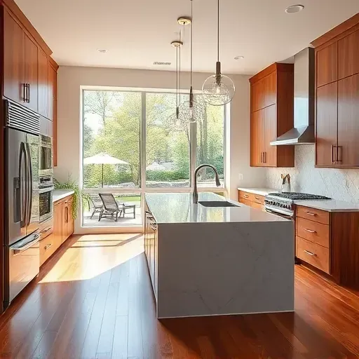 Recently remodeled McDonald PA kitchen with quartz counters stainless appliances custom wood cabinetry island pendant lighting backsplash hardwood floors natural light lush backyard views