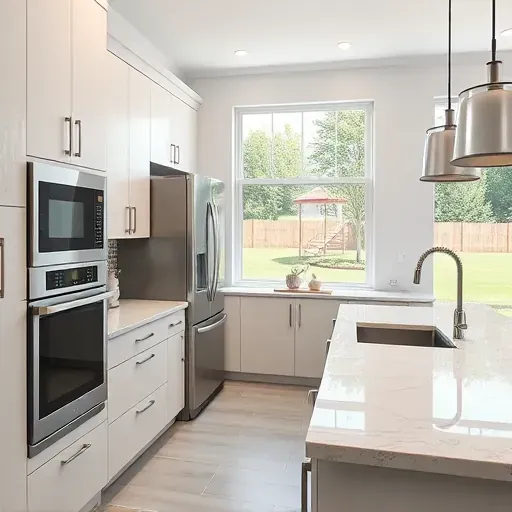 Renovated Canonsburg PA kitchen with glossy modern cabinets, polished quartz countertops, stainless steel appliances, and natural light