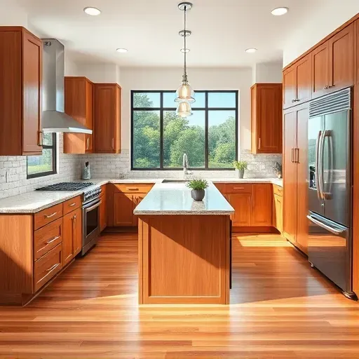 Remodeled McDonald PA kitchen with granite counters stainless appliances wooden cabinets central island pendant lighting textured backsplash hardwood floor natural light outdoor greenery