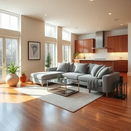 Modern Charleroi living room remodel with open-concept layout, neutral walls, and rich wooden flooring.