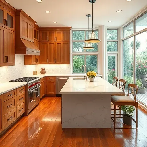 Remodeled Canonsburg kitchen with white marble countertops stainless steel appliances wooden cabinetry pendant lights hardwood floors lush garden views