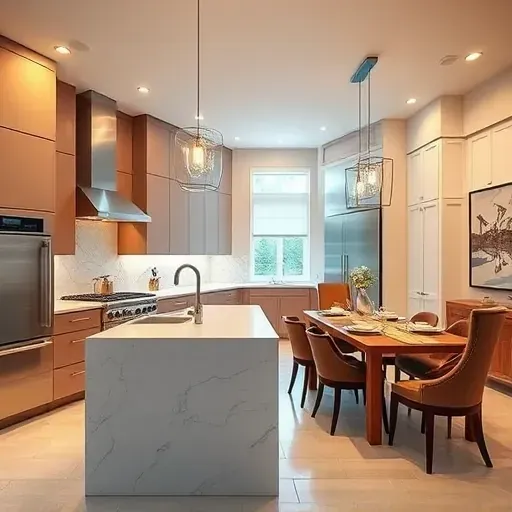 Modern kitchen remodeling project in Lawrence PA with high-end cabinetry, marble island, and stainless appliances.