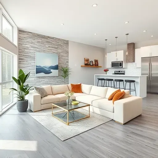 Contemporary open-concept living area with sleek gray flooring, modern furniture, and high-end kitchen in Southpointe PA.