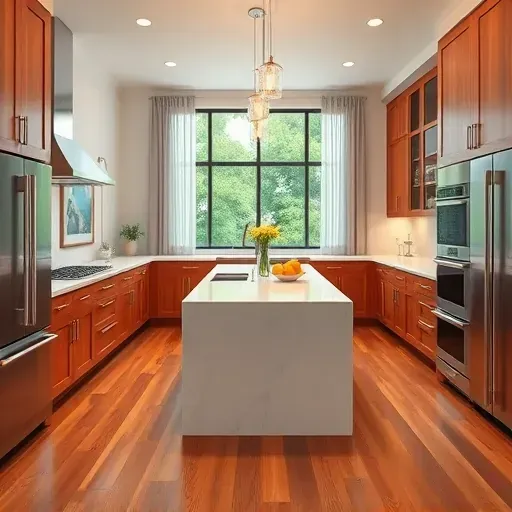 Remodeled Southpointe PA kitchen with quartz countertops stainless appliances custom cabinetry marble island large windows hardwood floors and elegant pendant lighting