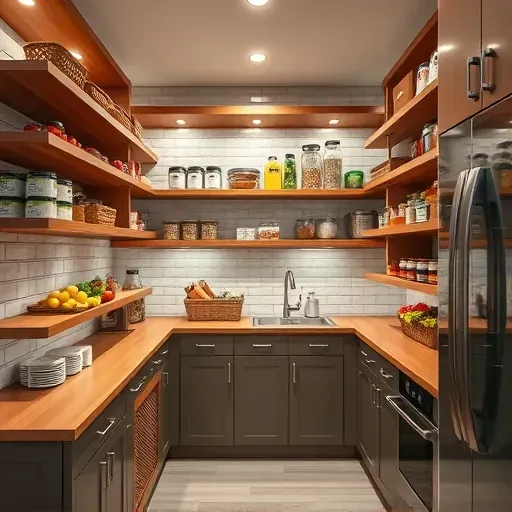 Modern pantry with wooden shelves, organized labeled containers, colorful ingredients, and a contemporary kitchen backdrop