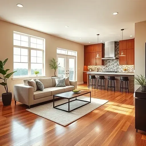 Spacious Burgettstown PA living room with open floor plan, hardwood floors, modern decor, and stylish kitchen area.