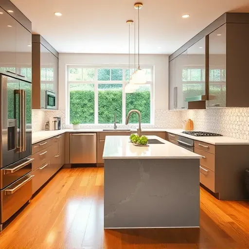 Renovated South Park PA kitchen with sleek modern cabinets, stainless steel appliances, marble island, hardwood floors, and landscaped backyard view