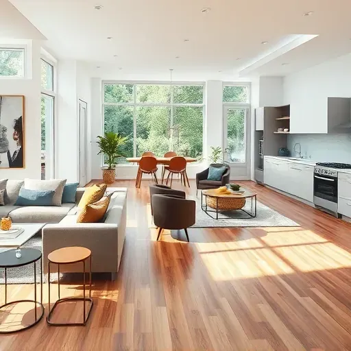 Renovated living space in Houston PA featuring modern design, elegant hardwood floors, and bright natural lighting.