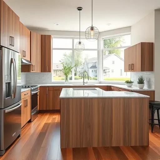 Remodeled modern kitchen in Charleroi PA with matte cabinets stainless steel appliances granite island hardwood floors and natural daylight