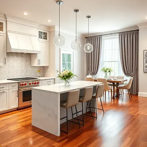 Modern kitchen remodel in East Washington PA with custom cabinetry, marble countertops, and elegant decor elements.