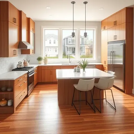 Remodeled Mount Lebanon kitchen with warm wood cabinets stainless steel appliances marble countertops subway tile backsplash hardwood flooring island with quartz surface and modern barstools