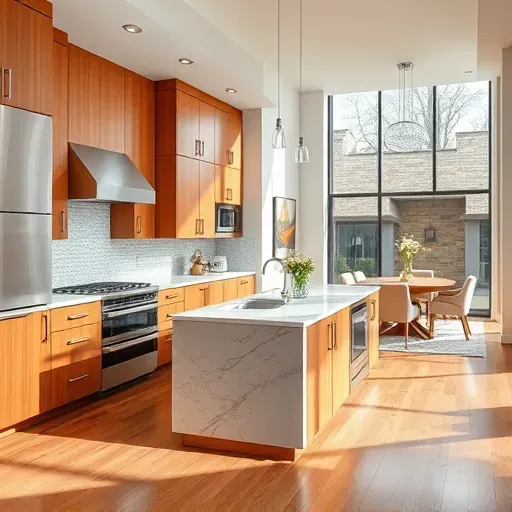 Modern kitchen remodel in Venetia PA with warm oak cabinetry, granite countertops, and stylish mosaic backsplash.
