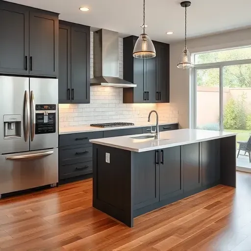 Modern Bridgeport kitchen with black cabinets stainless appliances quartz island subway backsplash hardwood floors and natural light