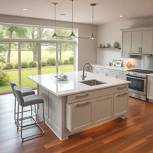 Completed modern kitchen island with quartz countertops, stainless appliances, hardwood flooring, and large windows in Canonsburg PA