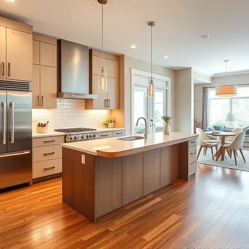 Modern kitchen remodeling in Pleasant Hills PA featuring matte cabinetry stainless steel appliances quartz countertops wooden island hardwood floors and ample natural light