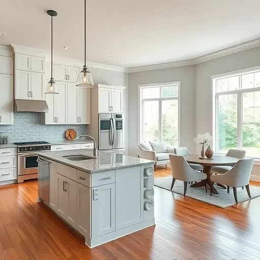 Modern kitchen remodel in Cecil PA with sleek cabinetry, granite countertops, stainless steel appliances, and airy living area.