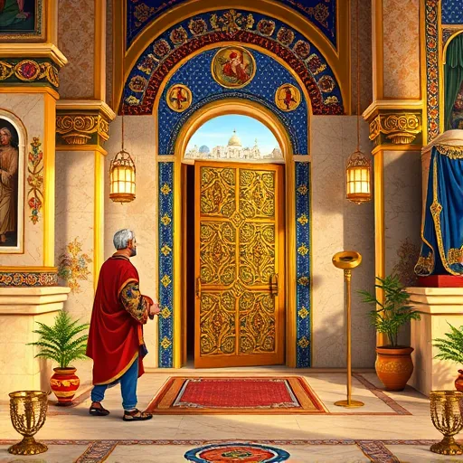 A highly detailed scene in Byzantine art style showcasing the installation of a wheelchair-accessible doorway within a grand, ancient temple corridor. The scene features richly decorated arches and shimmering mosaics in gold, deep blues, and vibrant jewel tones, evoking reverence and timeless craftsmanship. In the foreground, two stylized, faceless artisans, dressed in robes with intricate Byzantine patterns, diligently work on installing a modern, sleek wheelchair-accessible doorway that contrasts with the ancient setting. The doorway is decorated with elaborate geometric patterns, seamlessly blending traditional Byzantine motifs with playful elements like tiny wheels embedded into the design, symbolizing progress and accessibility. Decorative elements such as stylized plants, glowing candle-like lamps, and religious iconography adorn the marble walls, enhancing the scene's richness. Light from the mosaics and gold accents creates a sacred glow, emphasizing the dignity of accessibility. In the background, glimpses of a Byzantine cityscape through open windows merge historical grandeur with contemporary progress, illustrating a respectful and inspiring union of tradition and modernity. The artistic style emphasizes flat, decorative forms, intricate line work, and a luminous color palette, highlighting accessibility as a sacred and beautiful evolution.