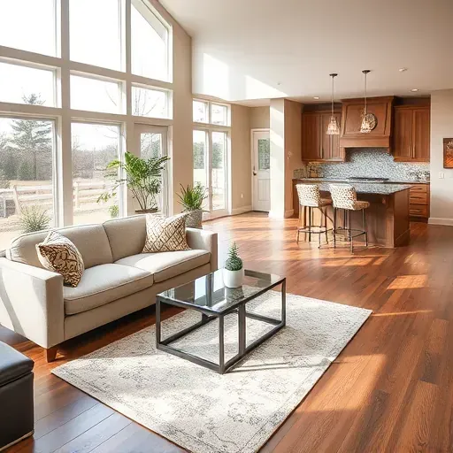 Modern living space in Midway PA with open floor plan, hardwood floors, large windows, stylish furnishings, and elegant decor.