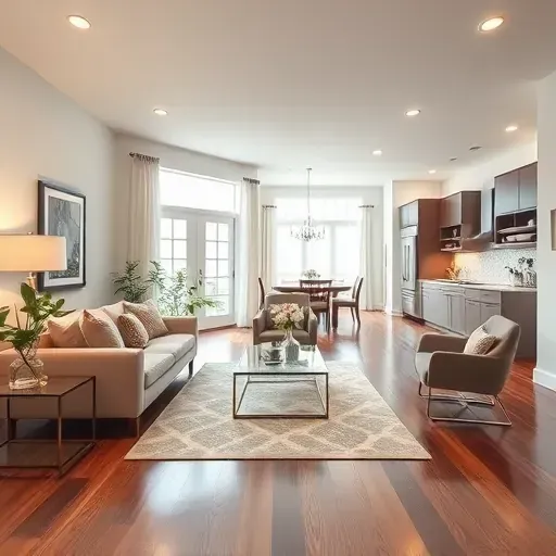 Modern remodeled living room in Bridgeport PA featuring neutral sofa, glass table, artwork, plants, and sleek lighting.