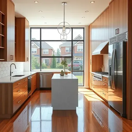 Remodeled McKees Rocks kitchen with quartz countertops stainless steel appliances custom wood cabinets island pendant lights hardwood floors and large windows