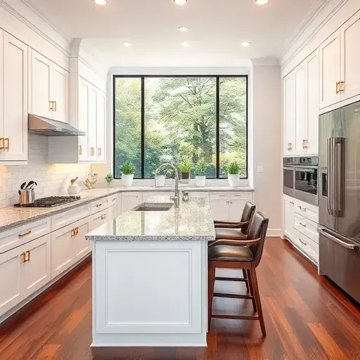 Modern kitchen remodel in Midway PA features white cabinetry, granite countertops, and stainless steel appliances.