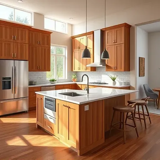 Remodeled Canonsburg PA kitchen with warm wood cabinets, stainless steel appliances, granite countertops, subway tile backsplash, large island, hardwood floors, and open-concept design