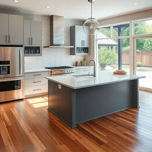 Renovated Midway Pennsylvania kitchen with modern matte cabinetry, quartz island, stainless appliances, hardwood floors and large windows