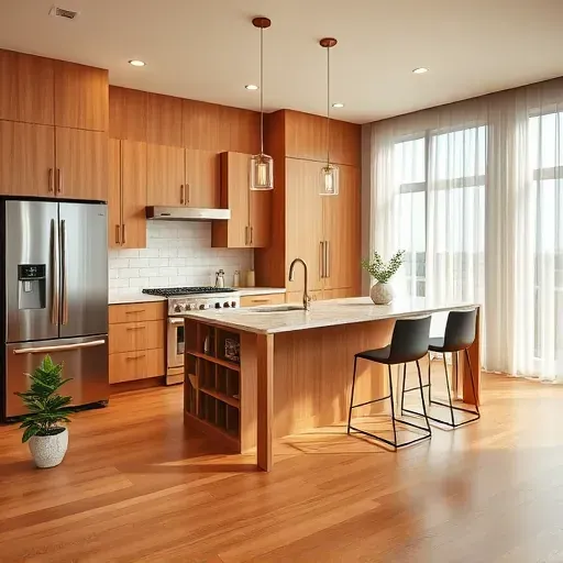 Completed modern kitchen in Independence PA featuring warm wood cabinetry stainless steel appliances granite countertops island with sink pendant lighting subway tile backsplash hardwood floors and large windows