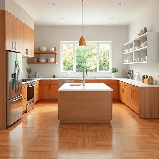 Renovated Burgettstown PA kitchen with warm wood cabinets quartz countertops stainless steel appliances large central island pendant lighting open shelving polished hardwood flooring lush outdoor view