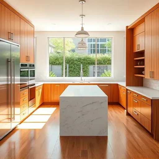 Modern renovated kitchen in Carnegie PA with sleek wood cabinets, stainless appliances, quartz counters, and lush garden view