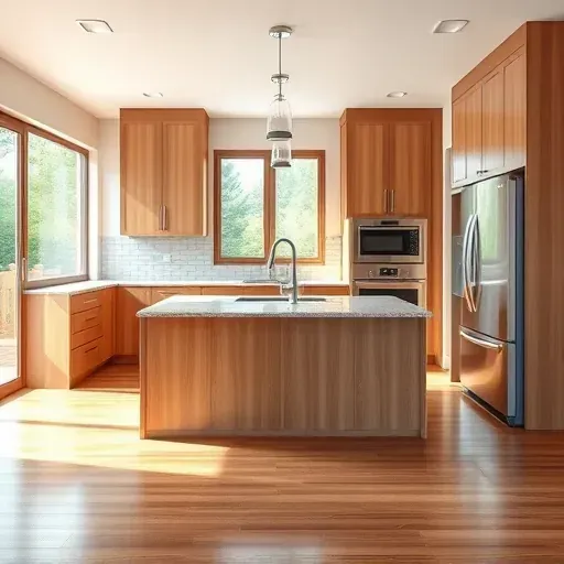 Renovated Meadowlands PA kitchen with modern warm wood cabinets granite countertops island pendant lighting high-end appliances hardwood floors large windows green outdoor view