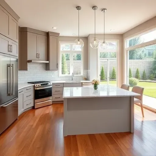 Recently remodeled modern Meadowlands PA kitchen with sleek matte cabinets stainless appliances marble island hardwood floors and natural light