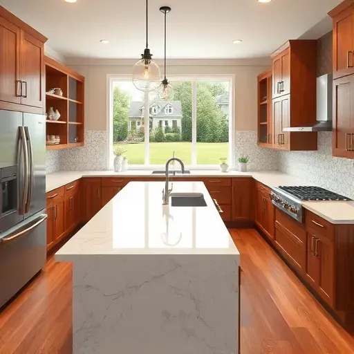 Remodeled Bethel Park kitchen with quartz countertops stainless steel appliances warm wood cabinets large island and natural light