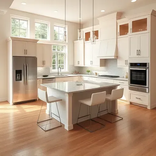 Remodeled kitchen in Venetia PA features modern cabinetry, granite island, and natural light through large windows.