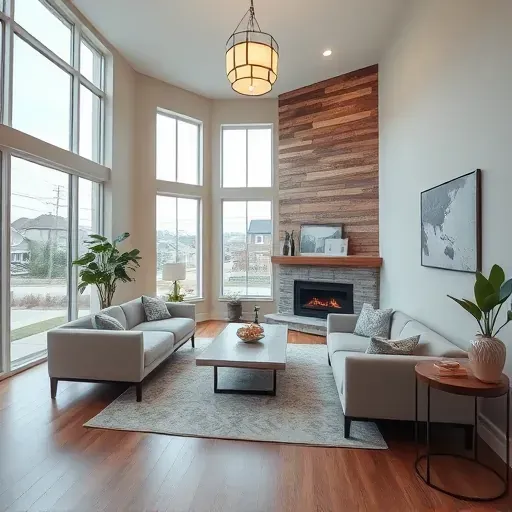 Renovated living room in Jefferson Hills PA featuring modern decor, high ceilings, and large windows for natural light.