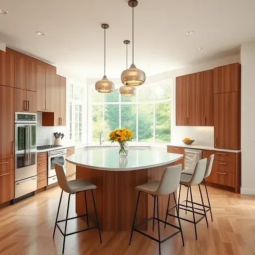 Modern kitchen remodel in Bethel Park PA featuring walnut cabinetry, quartz countertops, and natural light from large windows.